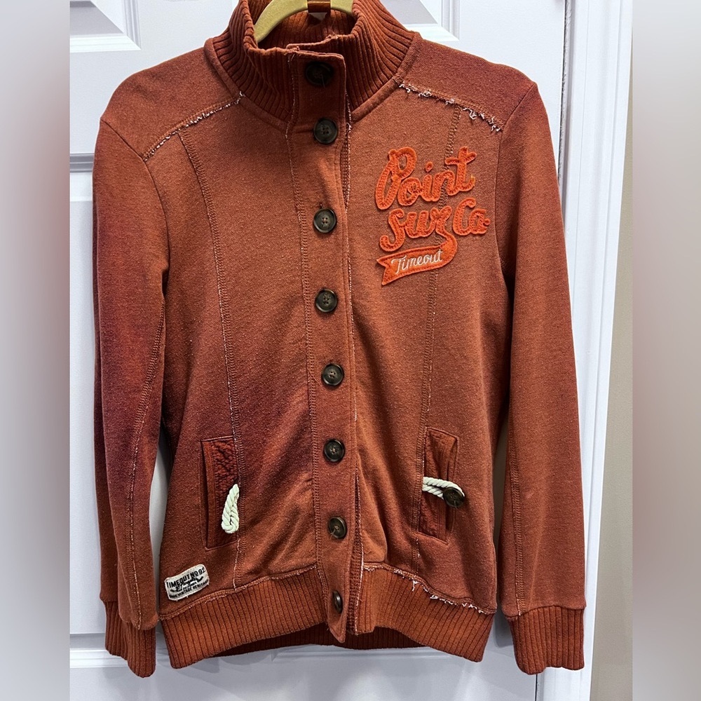 Time Out brand , button up jacket. Lightly worn. Missing button on right pocket.